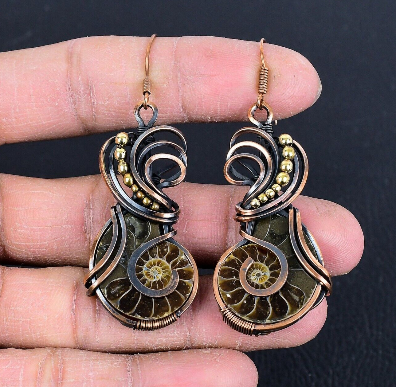 Ammonite Fossil Gemstone Earrings Copper Wire Wrap Handmade Earrings Jewelry