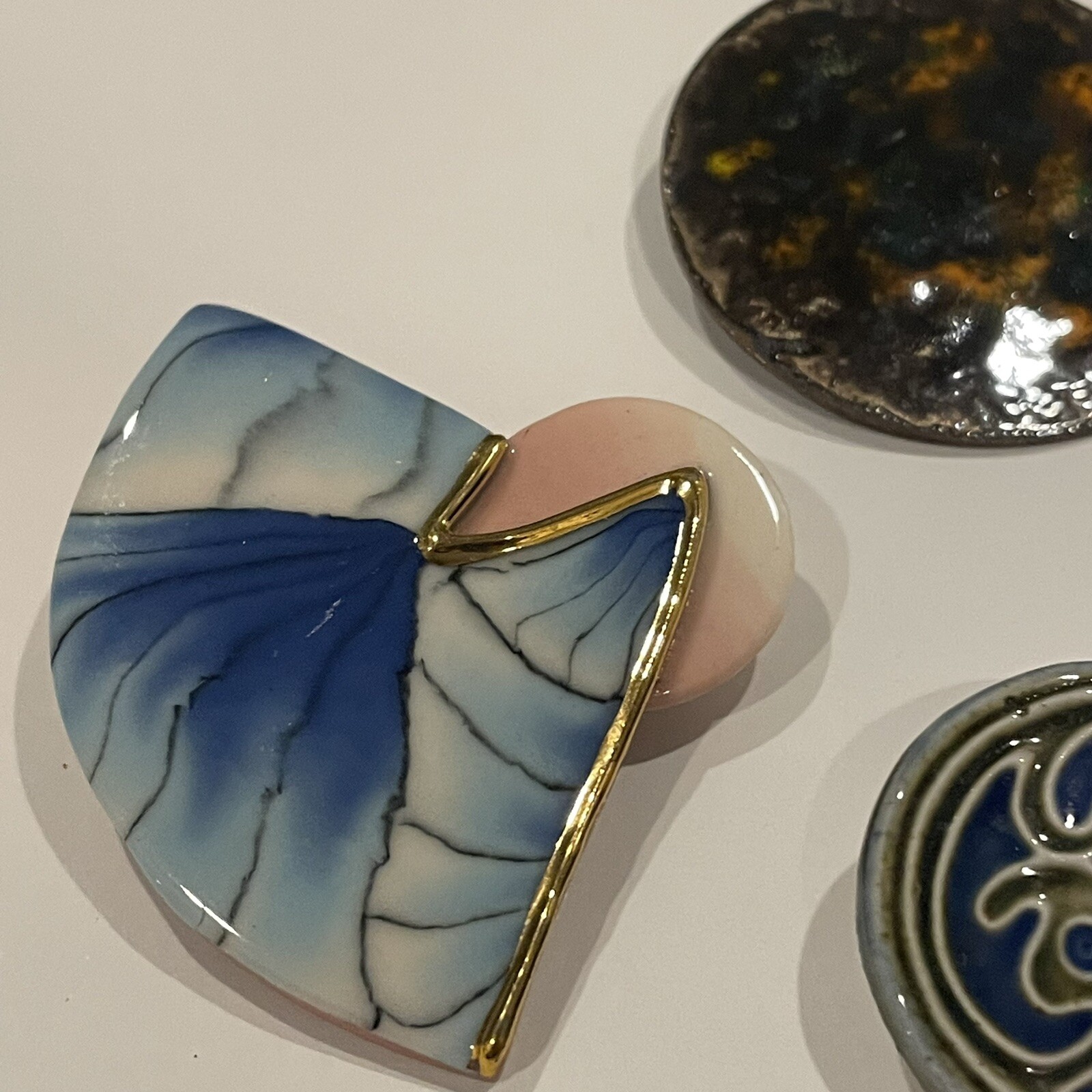 Lot Of 3 Handmade Handcrafted Brooch Pins Ceramic / Enameled Metal Etc