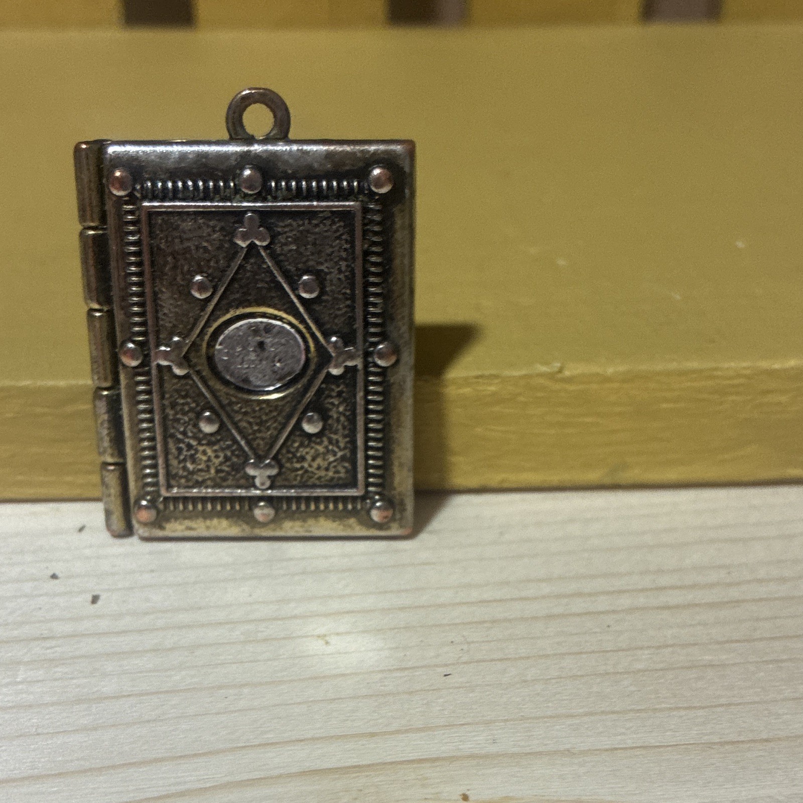Gold Tone Metal Rectangle Photo Book Locket Pendant Hinged, Clear Stone