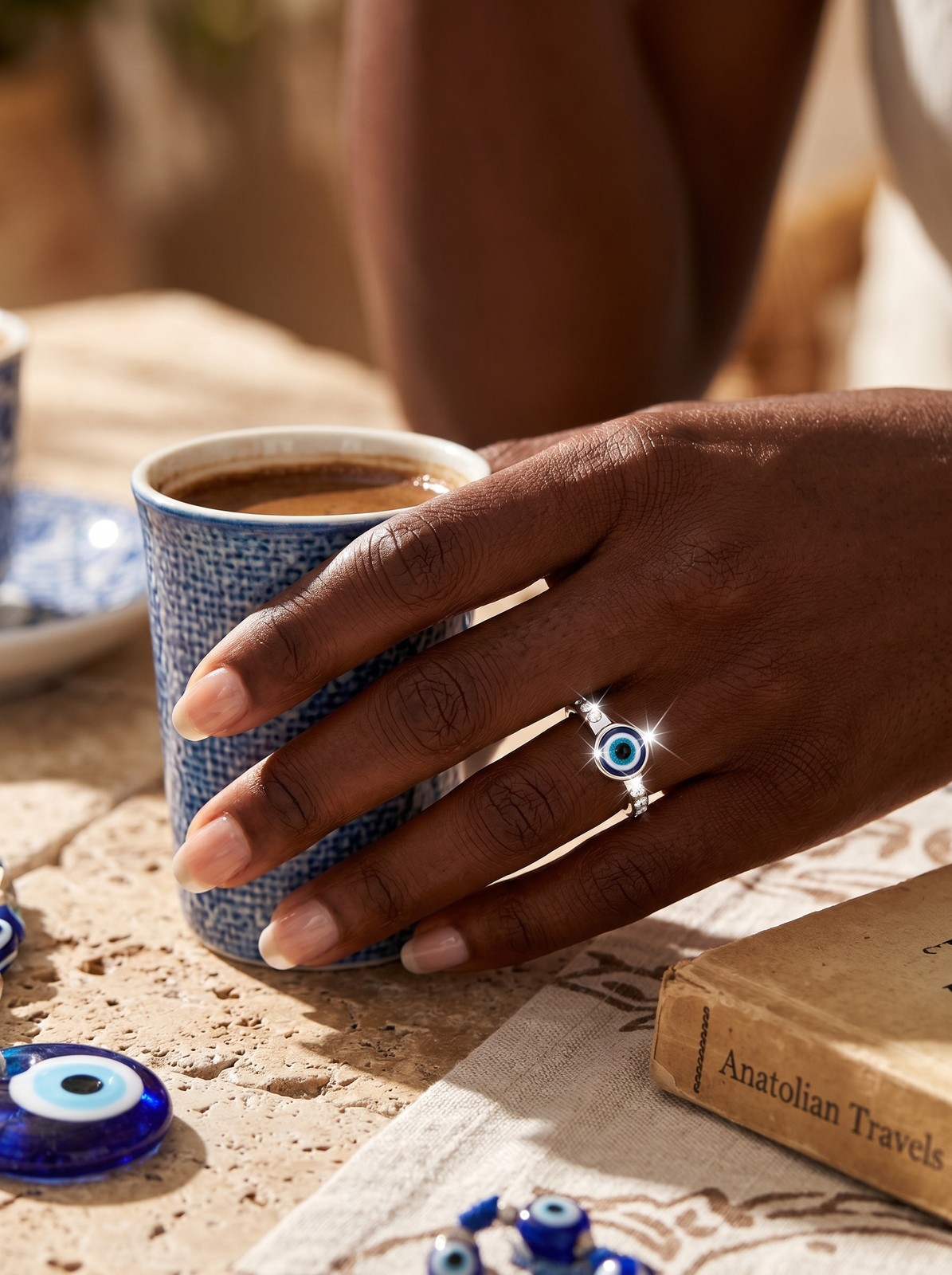 Evil Eye Protection Ring – Silver-Tone Talisman Band with Blue Enamel & Crystals