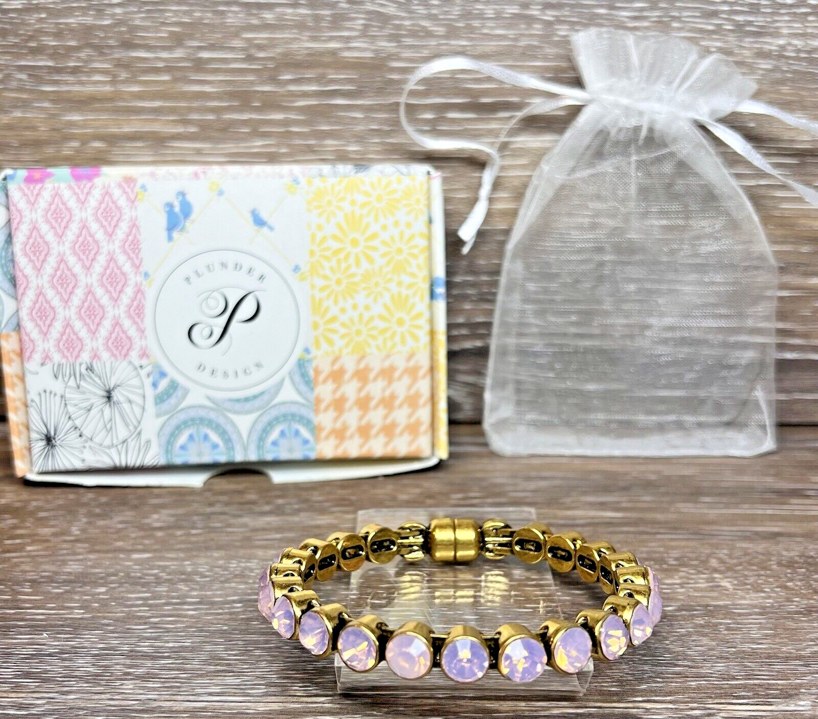 Plunder Bangle Broedrick Bracelet Pink Rhinestone Crystal Gold Tone Magnetic NIB