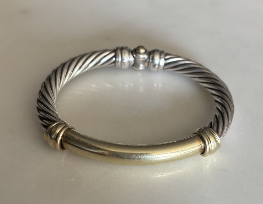 David Yurman Sterling Silver 14K Gold Bracelet Fully Closes, Cable