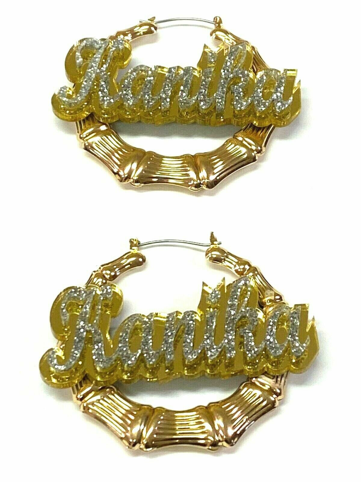 Personalized Custom Gold Bamboo Earrings 2.5″ Name Plate Laser Cut Diamond Look