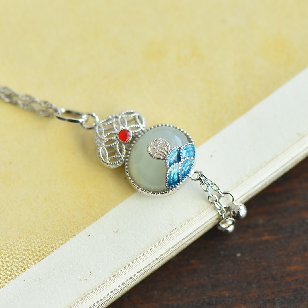 925 Silver with Hetian Jade egg face Fukushou Qi Ling tassel enamel pendant