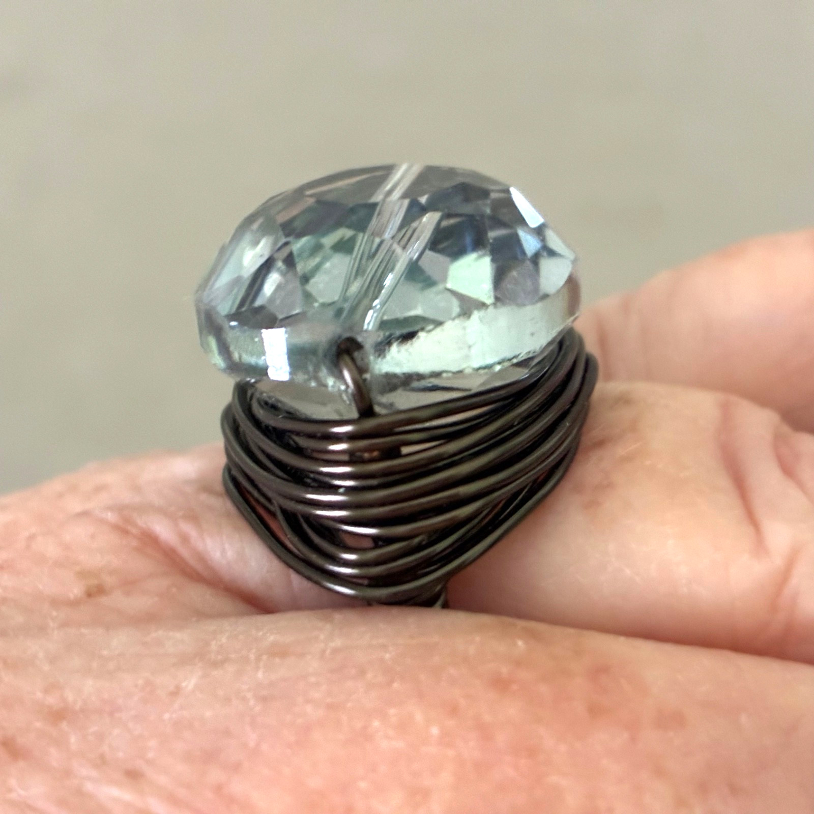 Artisan Smoky Grey Oval Faceted Glass Bead & Wrapped Bronze Wire Ring ~ Size 7-8