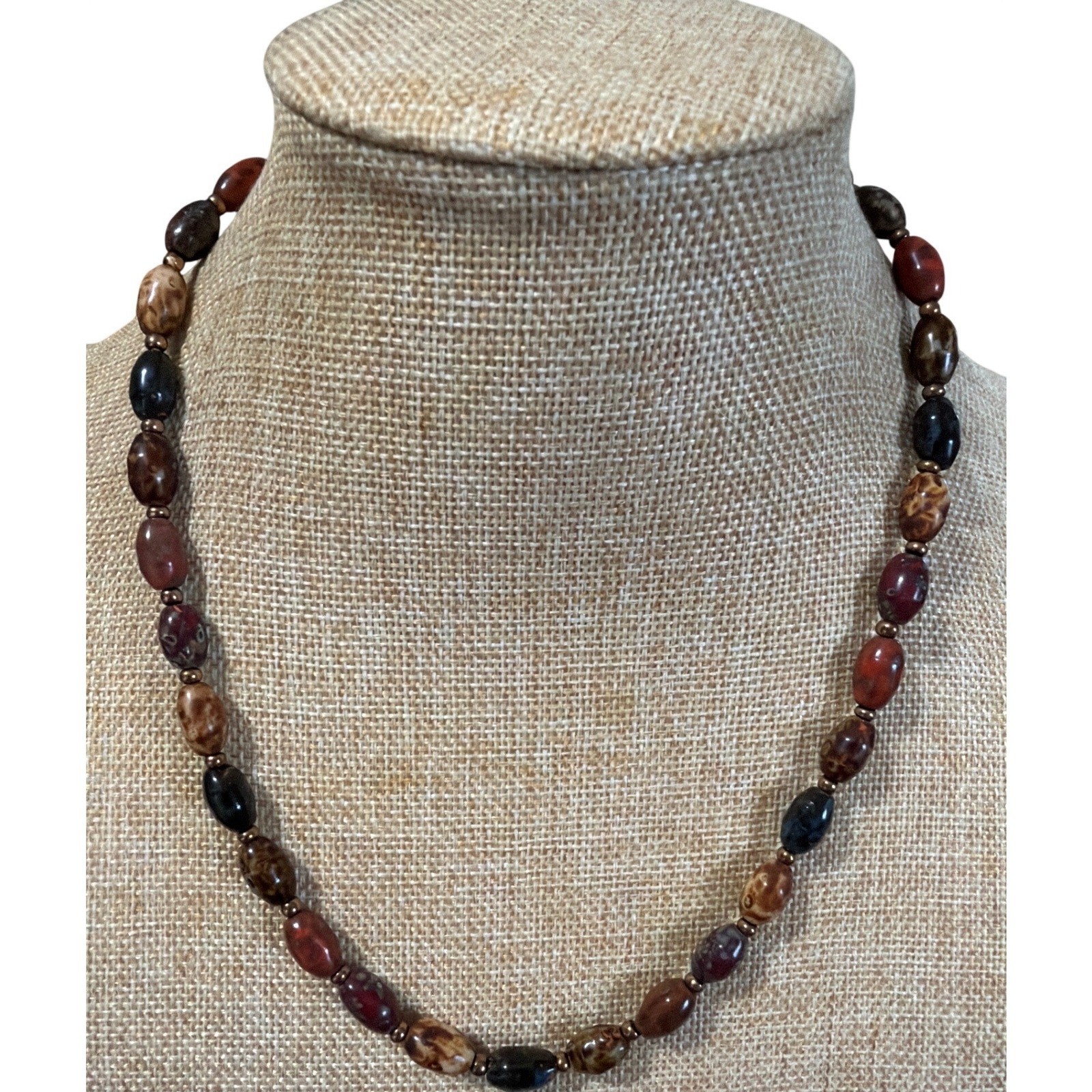 Natural Stone Oval Bead Earth Tone Necklace Bronze S-Hook Clasp Boho Natural