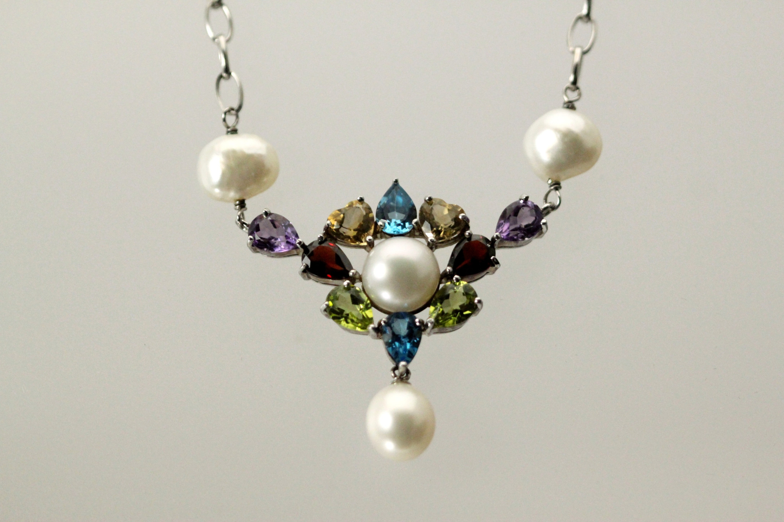 925 Sterling Silver Multi Colored Stones & Pearls 20″ Necklace 17 Grams NEC5402