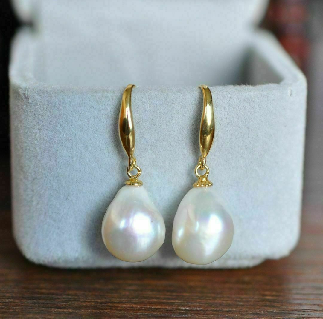 Genuine South Sea AAA 10-13mm White Baroque Pearl Earrings 14k Yellow Gold