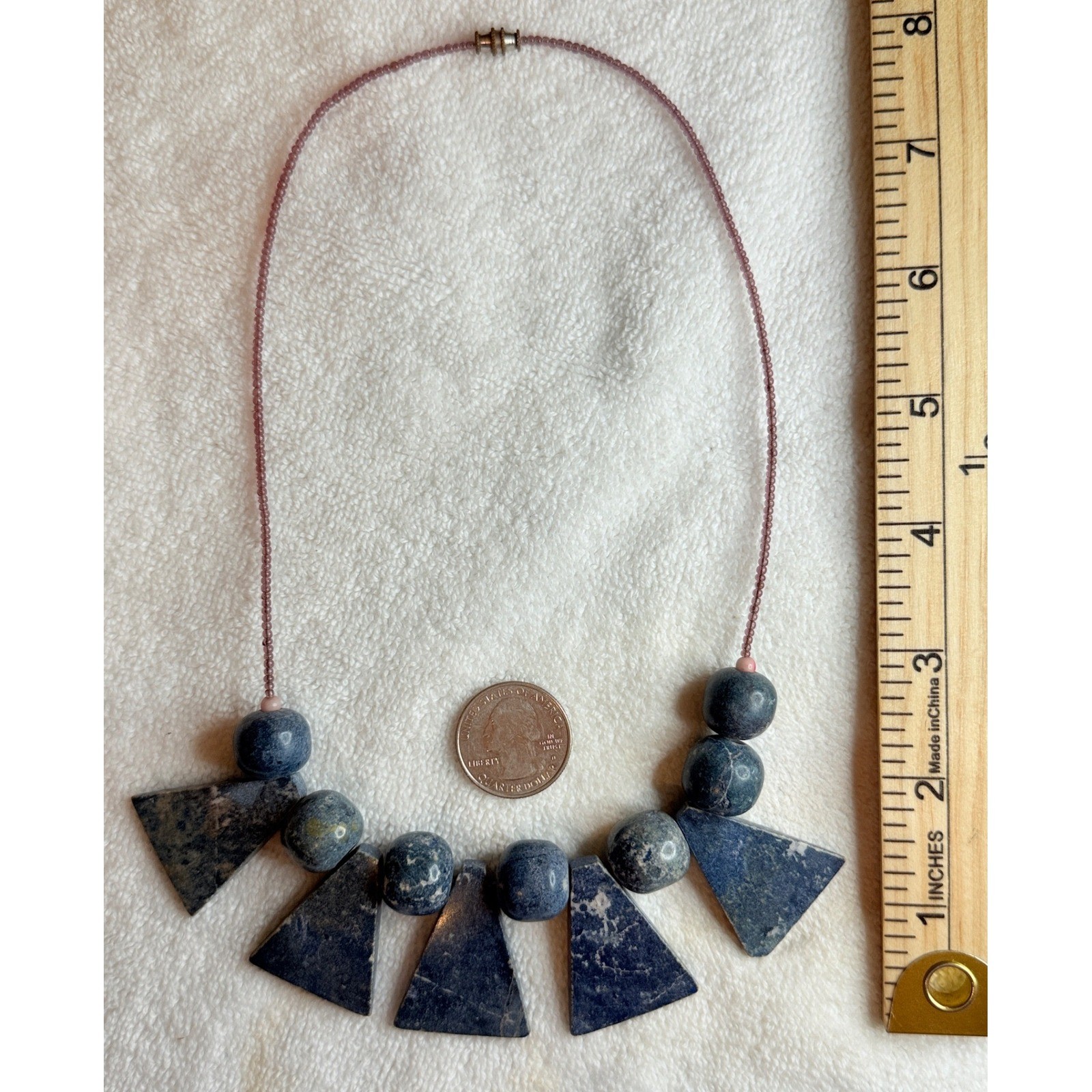 Chunky Blue Stone Geometric Statement Necklace Slab Beaded Barrel Clasp 17″