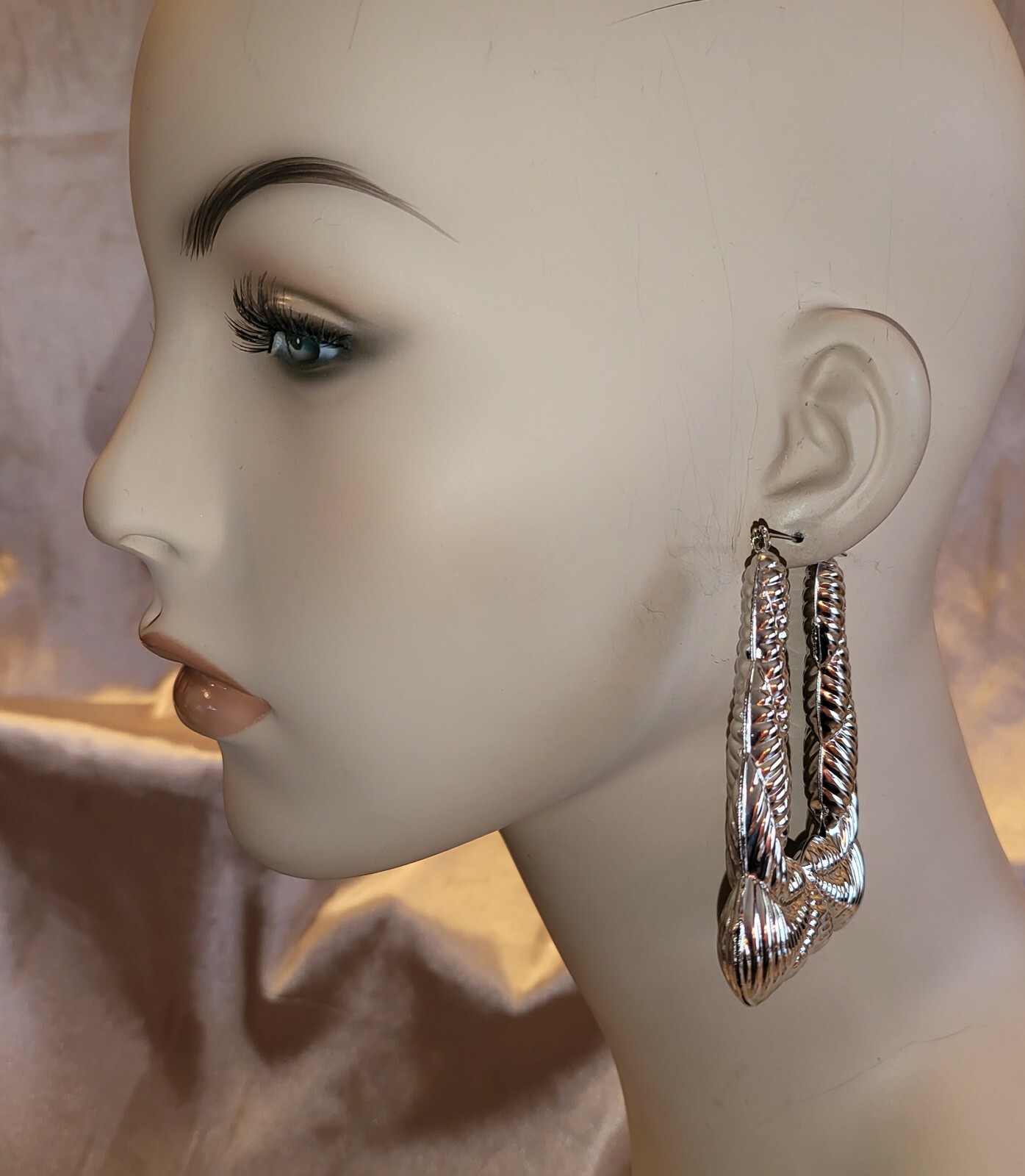 LARGE 3″ SILVER RETRO CHUNKY TRAPEZOID BAMBOO DOOR KNOCKER 80’s HOOP EARRINGS