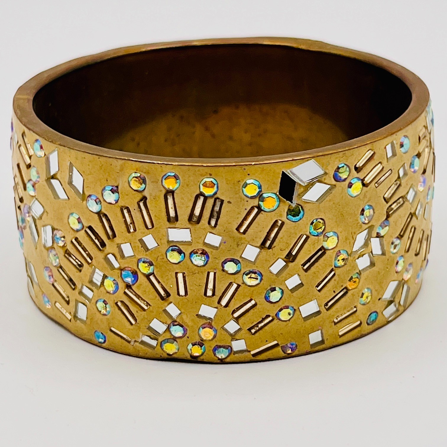 Wide Cuff AB Rhinestone Mirror Studded Runway Bracelet Gold Tone Statement