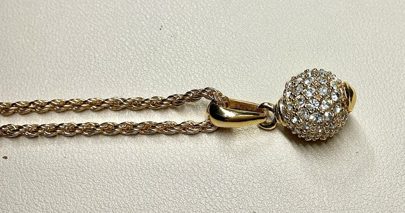 Crystal Encrusted Ball Pendant Orb Sphere Gold Tone Long Necklace Rope Chain 24”