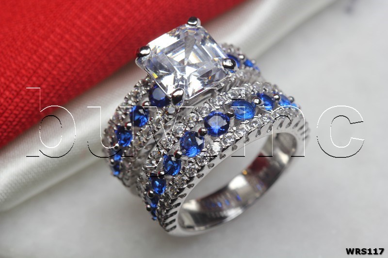 Blue White CZ Sterling Silver 925 Princess 6.7CTW Bridal Wedding Ring Set