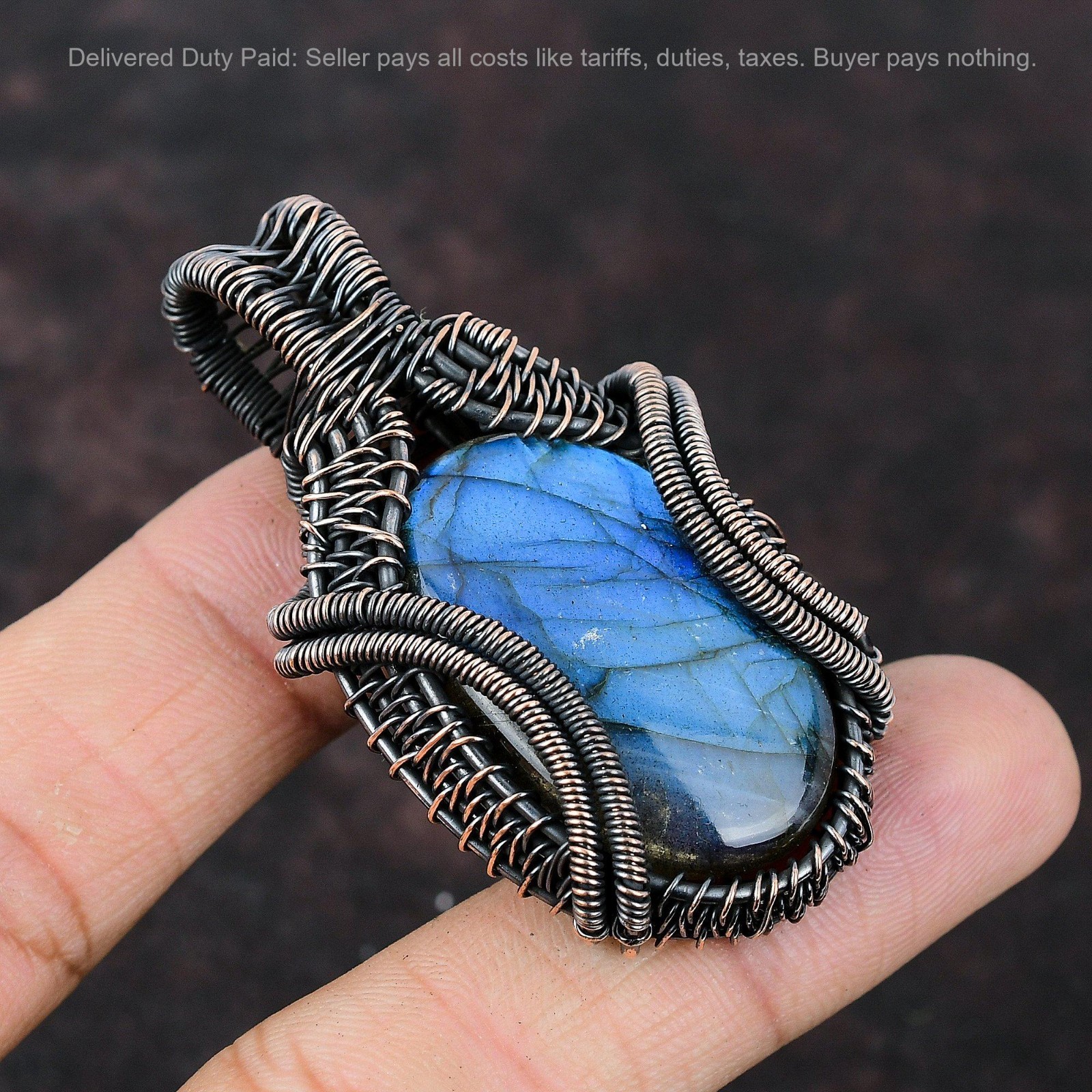 Oval Labradorite Stone Wedding Wire Wrapped Art Deco Boho Pendant Jewelry Copper