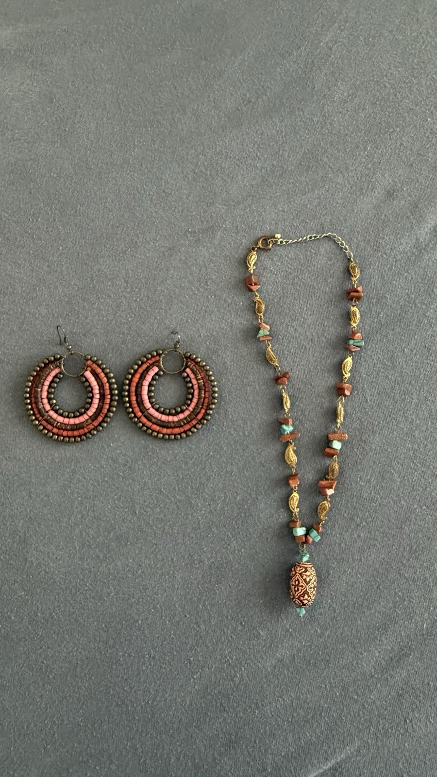 Bohemian Beaded Necklace & Earrings Jewelry Set Gold Tone Red Turquoise