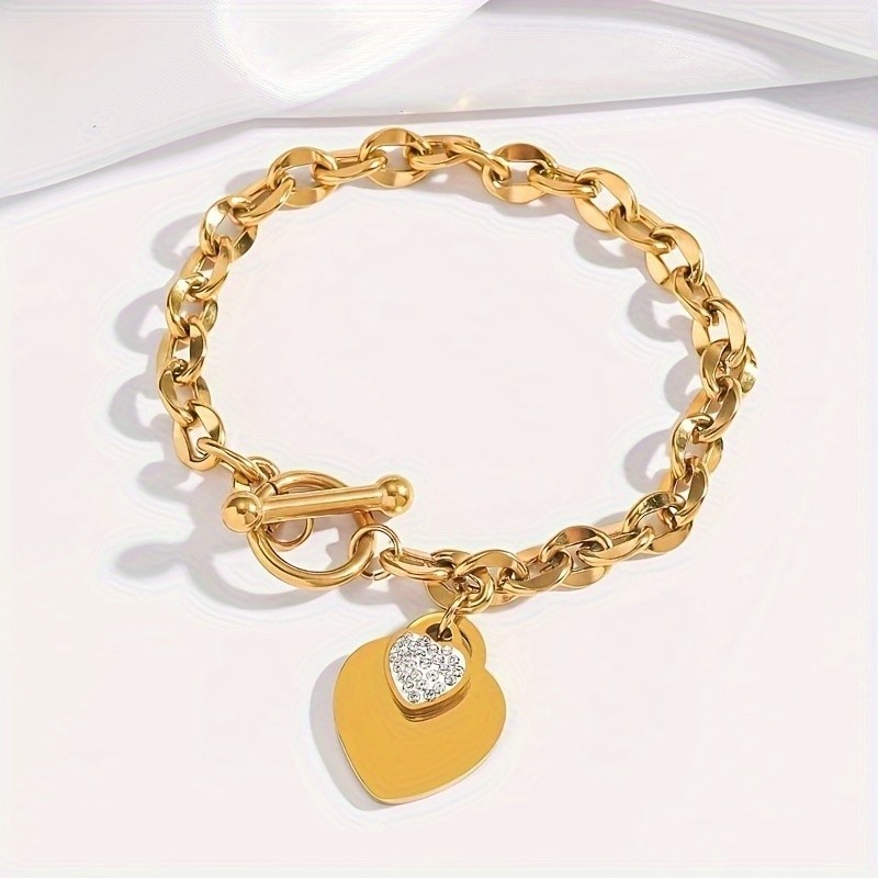 Women’s Heart Inlay Rhinestone Pendant Bracelet OT Buckle Titanium Steel Bracele