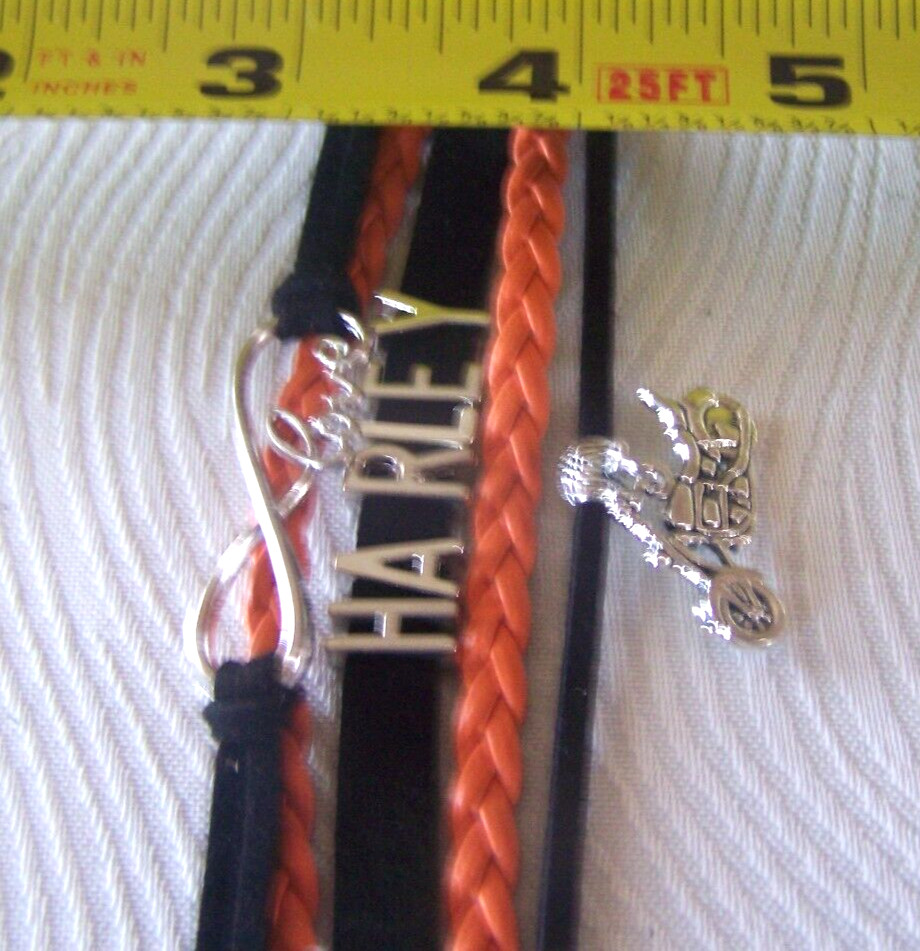 Harley Davidson Orange & Black Leather Metal Bracelet Motorcycle & Love Charms