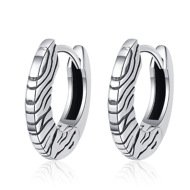 925 Sterling Silver Retro Stripe Patterned Huggie Hoop Earrings 18mm/0.6″ AC1