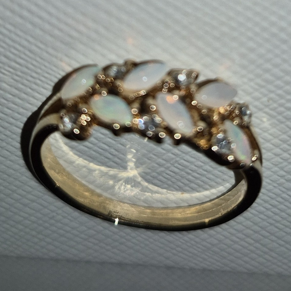 Gold Tone Marquise White Opal Band Ring Size 7 with Clear Accents
