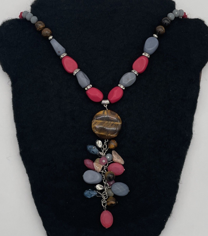 C1946 Multicolor Beaded Necklace Pendant With Silver Tone Spacers & Brown Cord