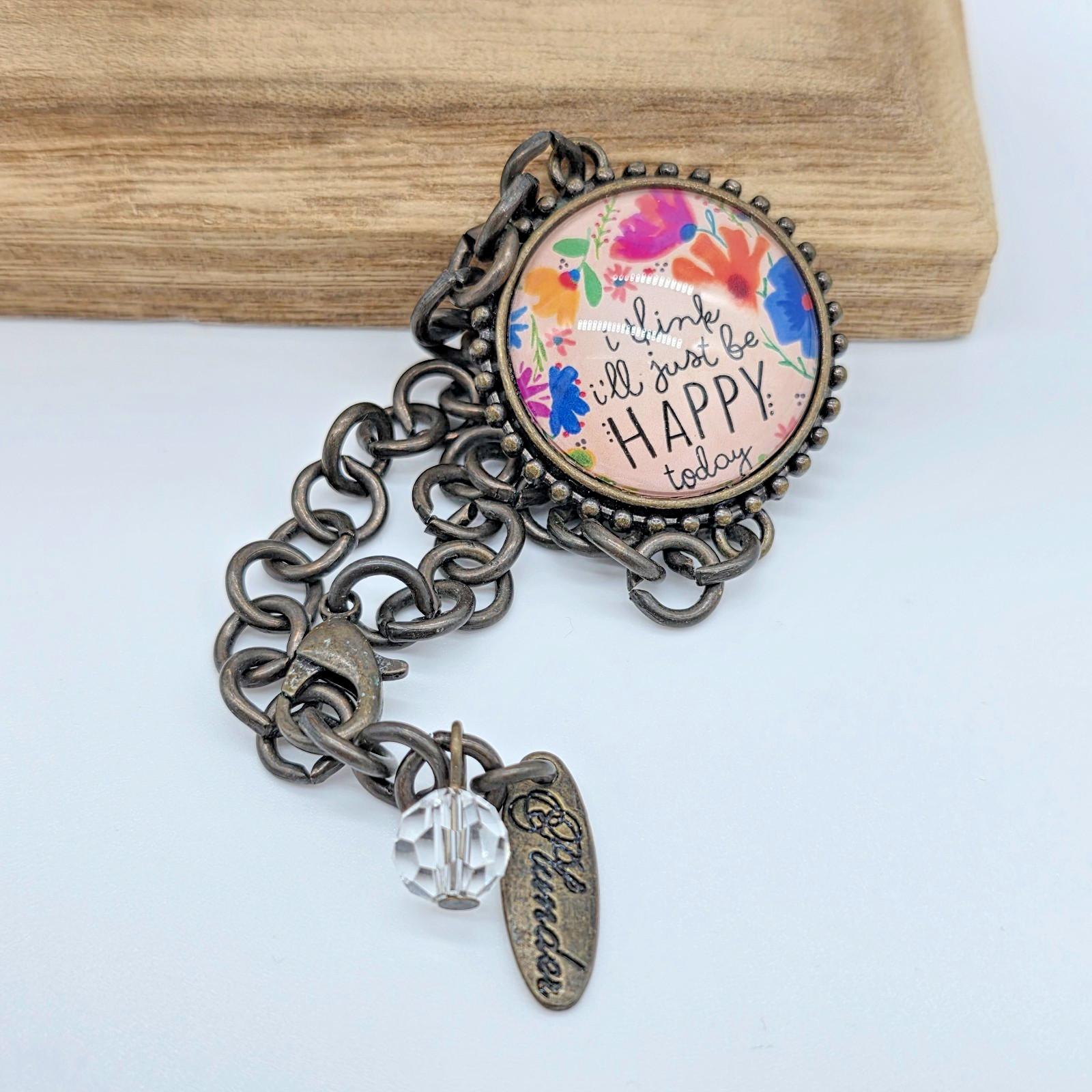 Plunder I Think I’ll Just Be Happy Today Floral Cabochon Bronze Bracelet 8”