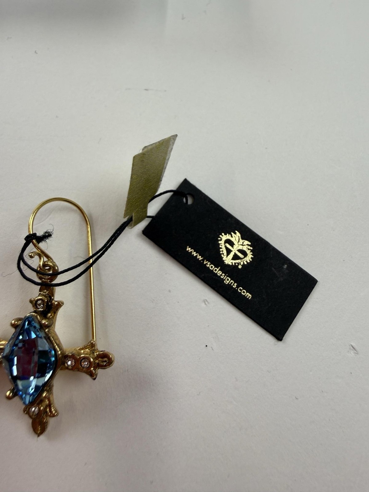 Virgins Saints & Angels Earrings Blue Crystal Cross Gold Tone Dangle Drop Womens