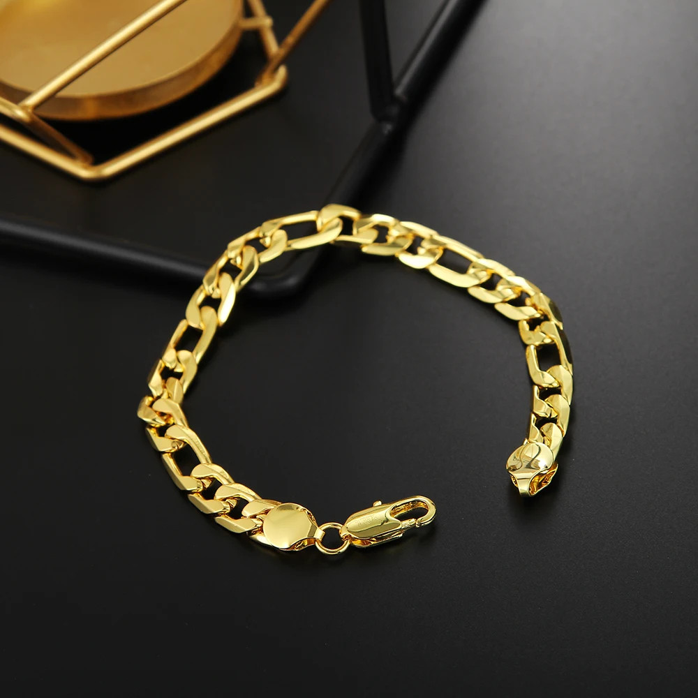 8 Inch Gold Bracelet 8MM Gold/Silver Color Full Side Figaro Chain Bracelet.