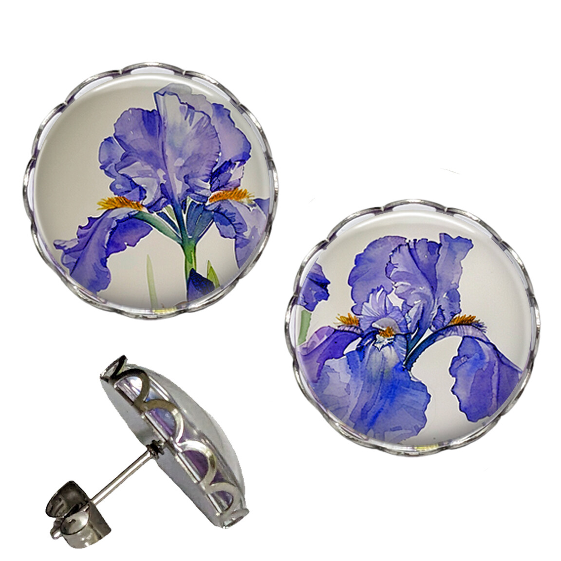Vintage Art Purple Iris Earrings NO TARNISHING Scalloped Studs Waterproof