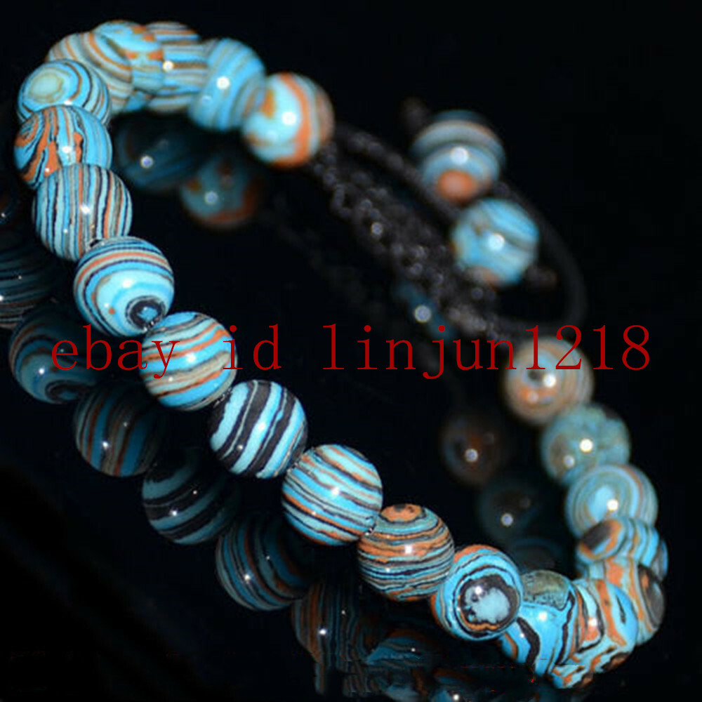 10mm Multicolor Striped Turquoise Gemstones Round Beads Braided Bracelet 7.5”