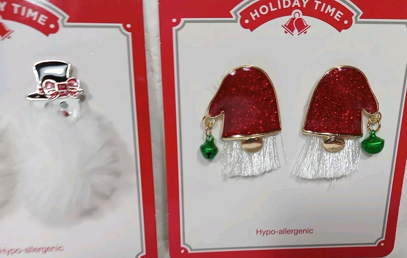 Two Pair Of Holiday Time Earrings Christmas Santa And Snowman Hypo Allergenic