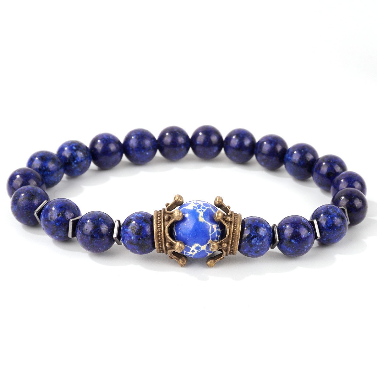 Natural Lapis Lazuli Vintage Brass Crown Protective Bracelet for Men and Women
