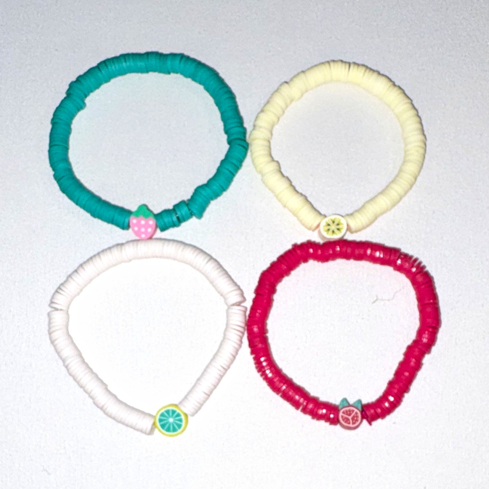 Set of 4 Multicolor Plastic Round Beaded Stretch Bracelets w/ Fruit Charms