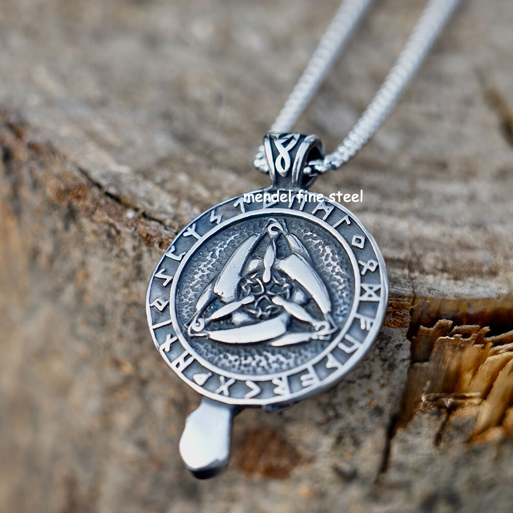 MENDEL Mens Norse Viking Stainless Steel Odin Raven Crow Rune Pendant Necklace
