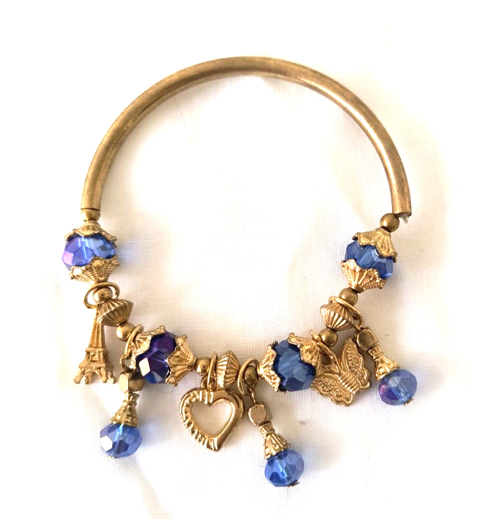Fashion Jewelry Stretch Bracelet Gold Color Metal Charms Blue Acrylic Charms