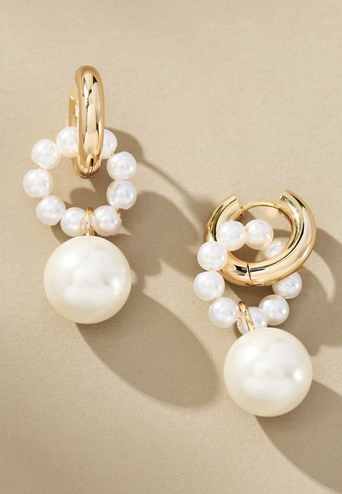 Gold Tone Hinged Huggie Hoop Dangle Earrings w/ White Simulated Pearls