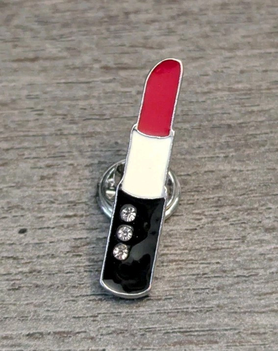Black Tube Of Red Lipstick 3 Rhinestone Accents Enamel Cosmetic Enamel Lapel Pin