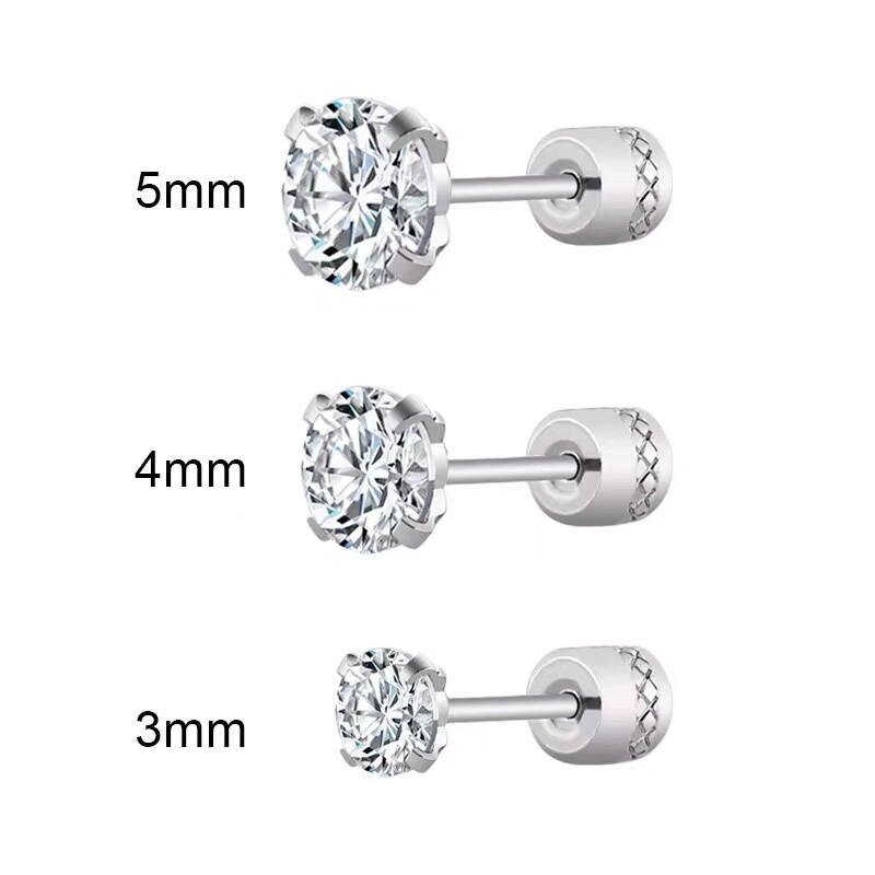 Silver Stud Earrings Surgical Steel Screw Back Cubic Zircon Round For Women Men