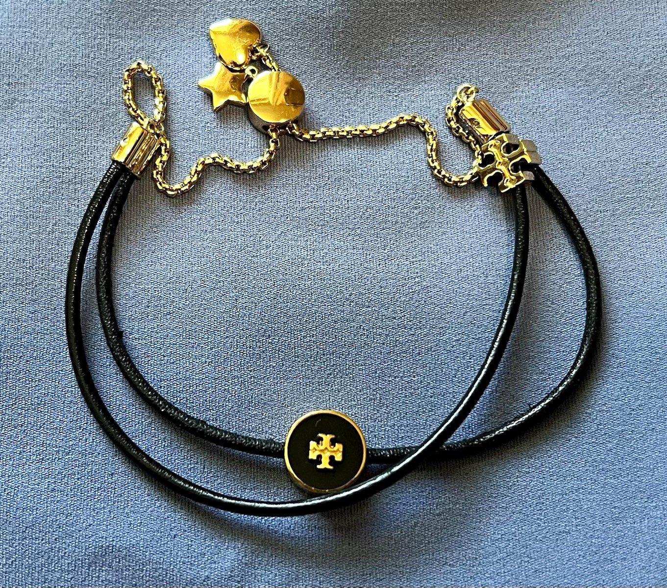 Tory Burch Adjustable Black Cord Bracelet with Gold Heart and Star Charms, Logo