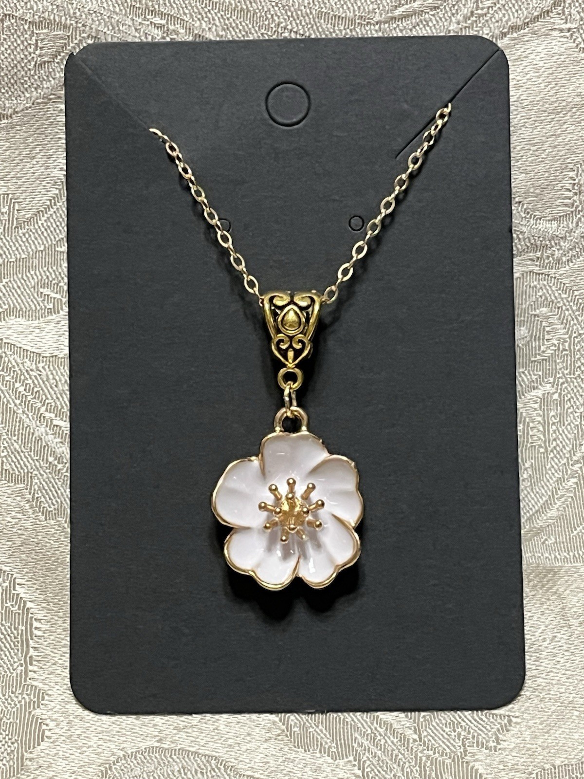 White Camellia Flower Enamel Pendant Gold Necklace Bohemian Floral Novelty 18”