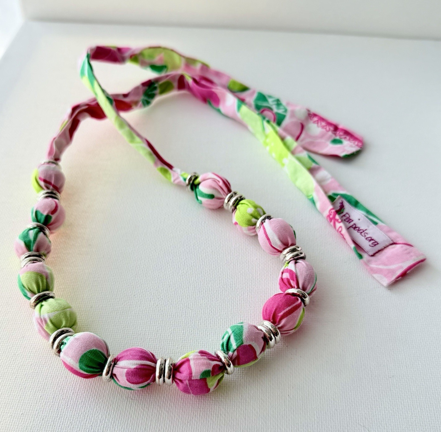 Pea Pods Fabric Bead Necklace Pink Green Floral Adjustable Tie Boutique