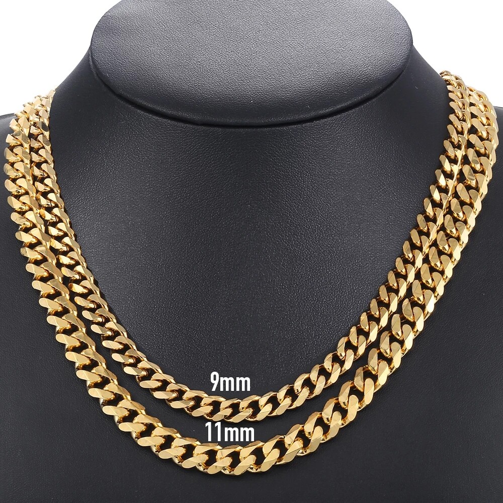 9/10MM 16-28inch Cuban Curb Chain Necklace Gold Plated Stainless Steel Link Xmas