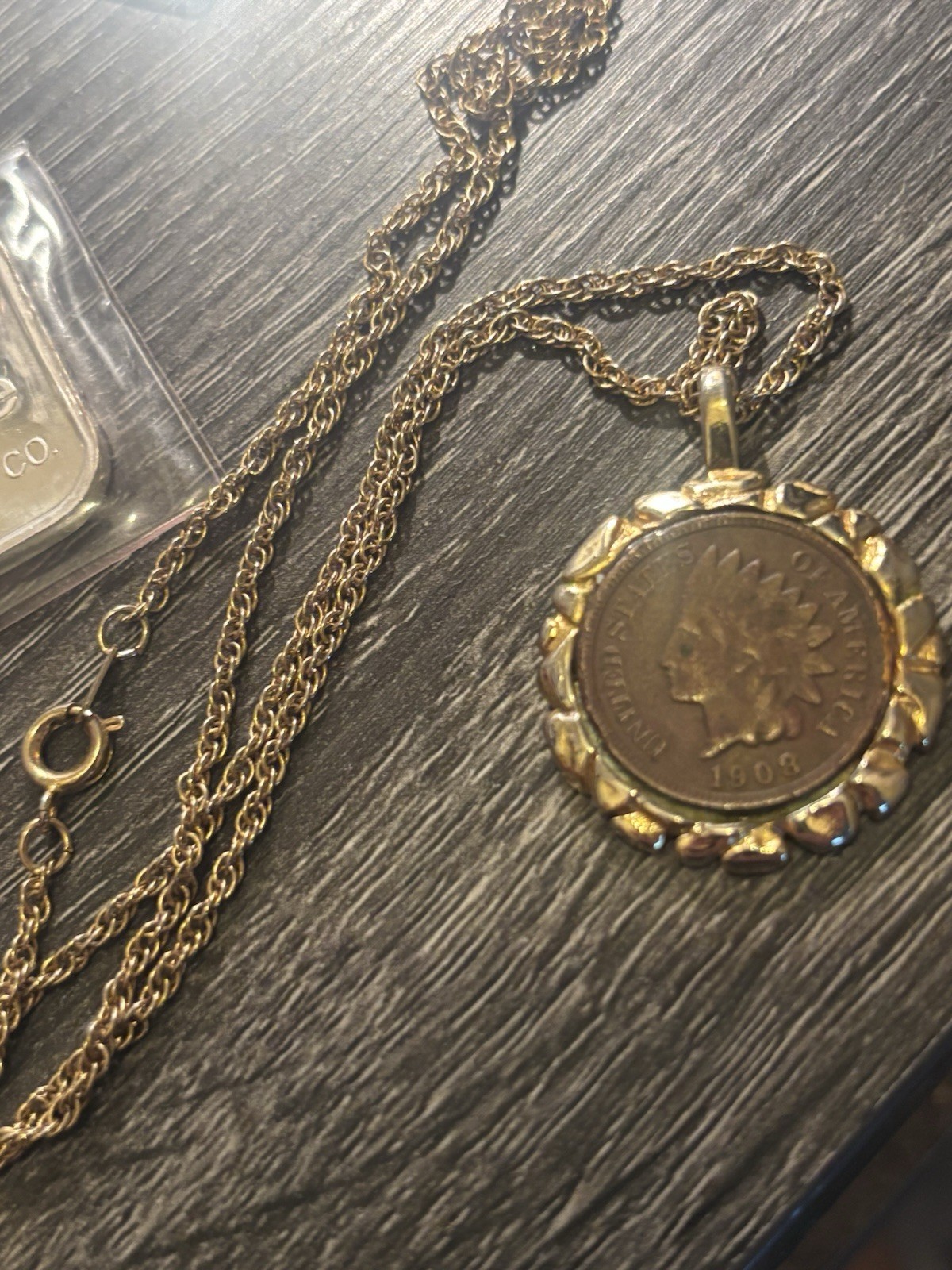 Indian Head Cent Coin Pendant Necklace, Gold Tone Bezel, Rope Chain, Spring Ring