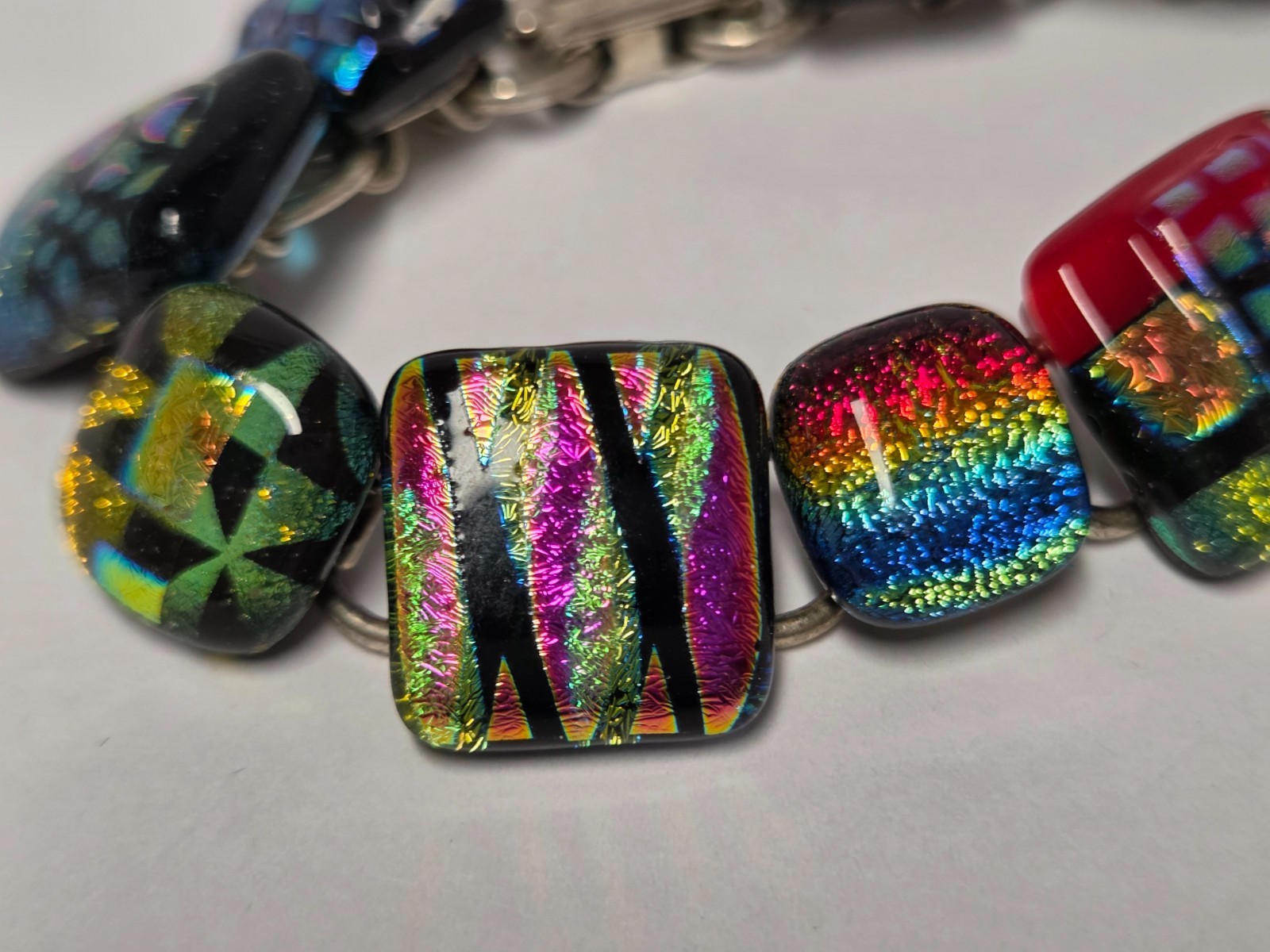 Dichroic Art Glass Link Bracelet Vintage Fused 11 Multi Color Geometric 7″ Long