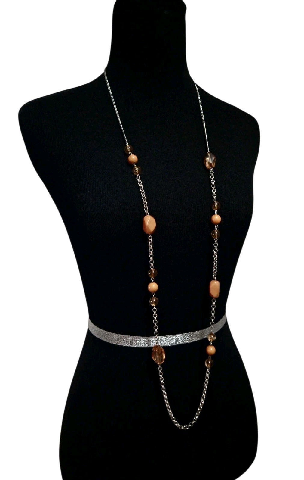 Long Silver Tone Necklace Brown & Tan Beads Mixed Shapes Layered Style EUC