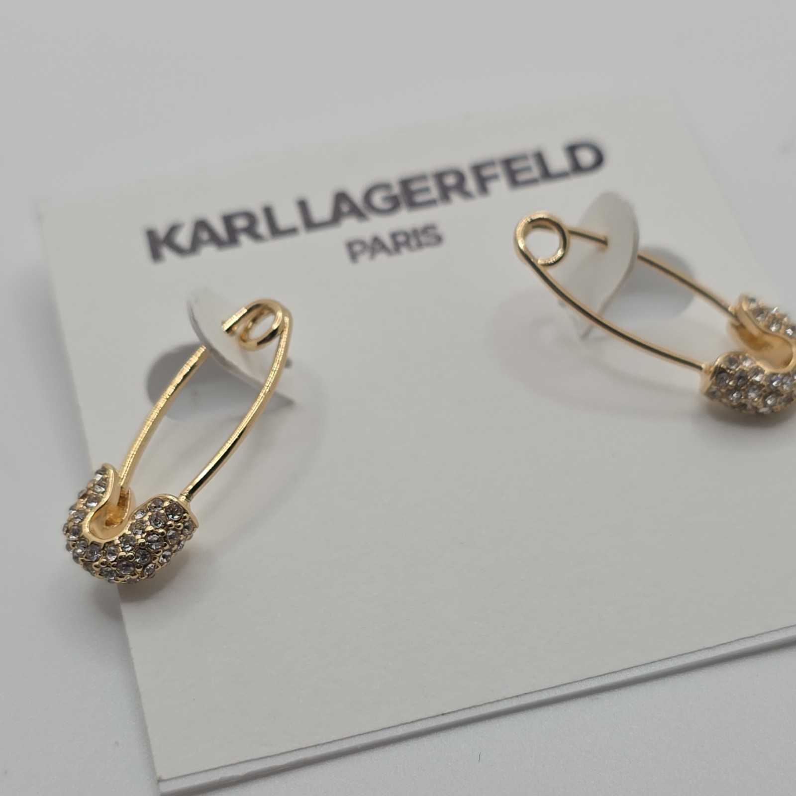 Karl Lagerfeld Gold Tone Crystal Safety Pin Dangle Drop Earrings Lobe Jewelry