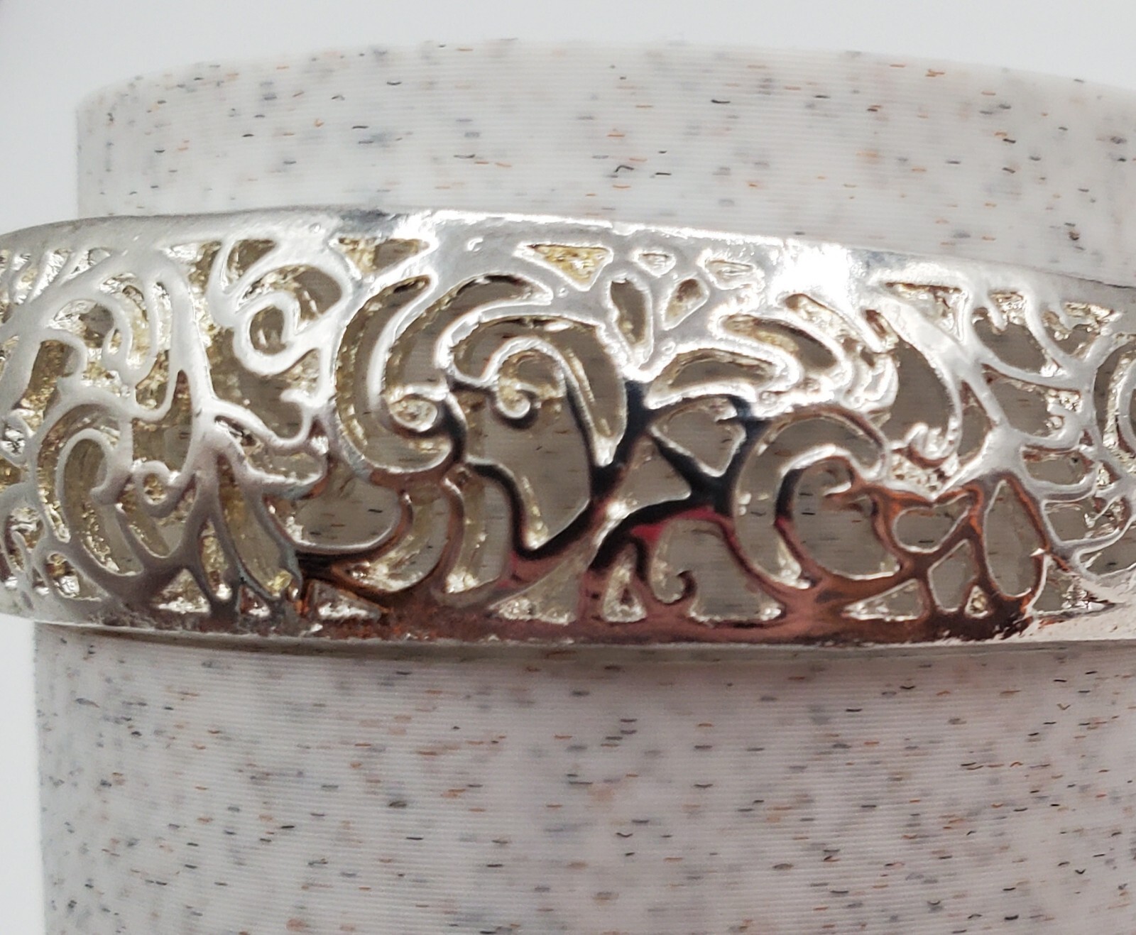 Filagree Cuff Bracelet 6in Polished Silver Tone Metal Small Wrist Snug Fit