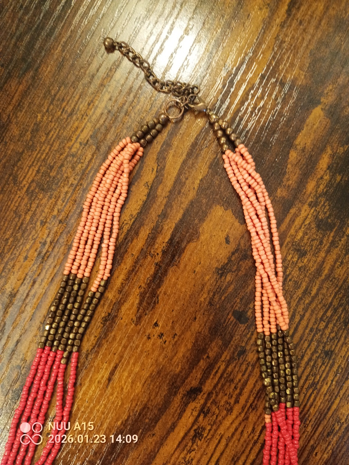 Red Coral Brass Tones Multi Strand Long Necklace Exotic Bohemian Fashion Style
