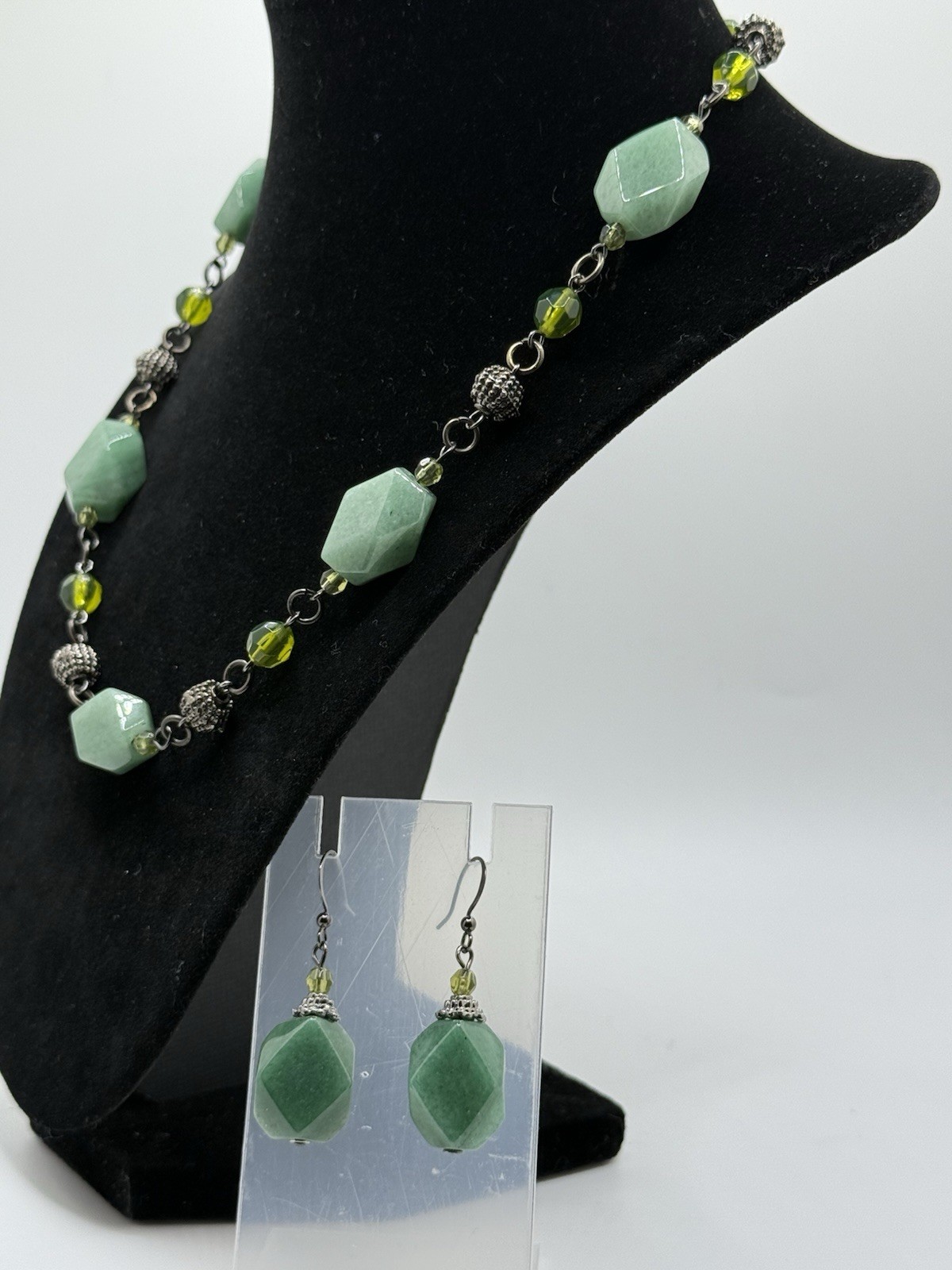 Teal Green Gemstone Aventurine Necklace Earring Set Olive Glass Silver-tone