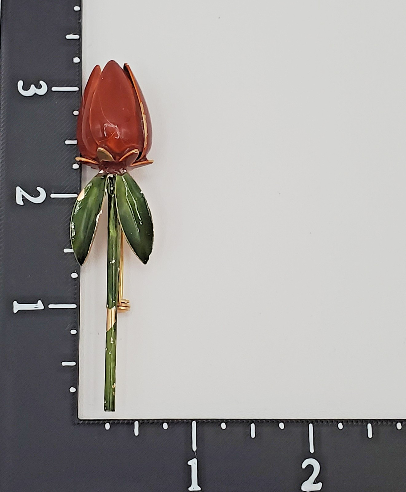 VTG Tulip Brooch 3in Brown Green Enamel Flower Stem Estate Parts Restore FLAW