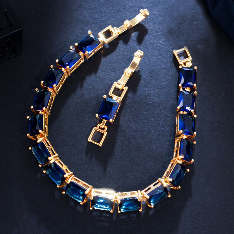 New Rectangle Shape Ocean Blue Topaz Gems Charm Women Bracelets Yellow Gold